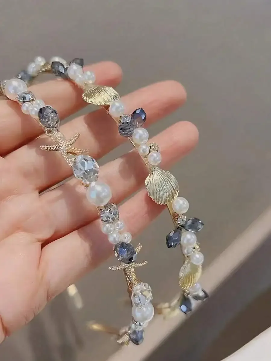 

Ocean Theme Pearl Crystal Headband with Starfish Shell for Women Vintage Bohemian Hair Accessory