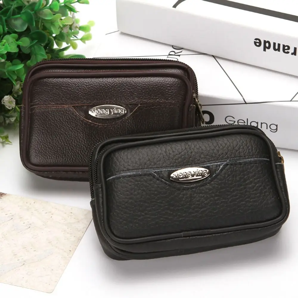 New PU Leather Man Belt Pouch Zipper Multiple Layers Phone Waist Bag Universal Modern Belt Hanging Pouch Men's