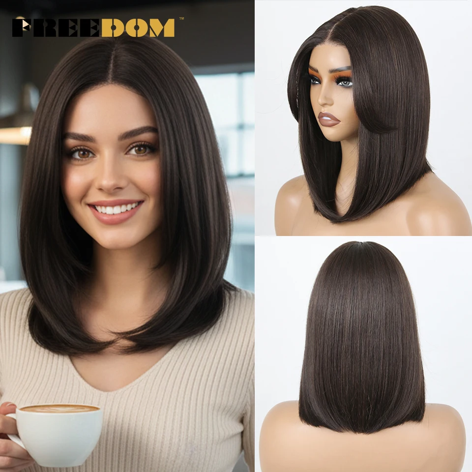 

FREEDOM Synthetic Lace Wigs For Women 12 Inch Short Bob Wig With Bangs Pre Plucked Pre-Cut Ombre Brown Blonde Cosplay Lace Wigs