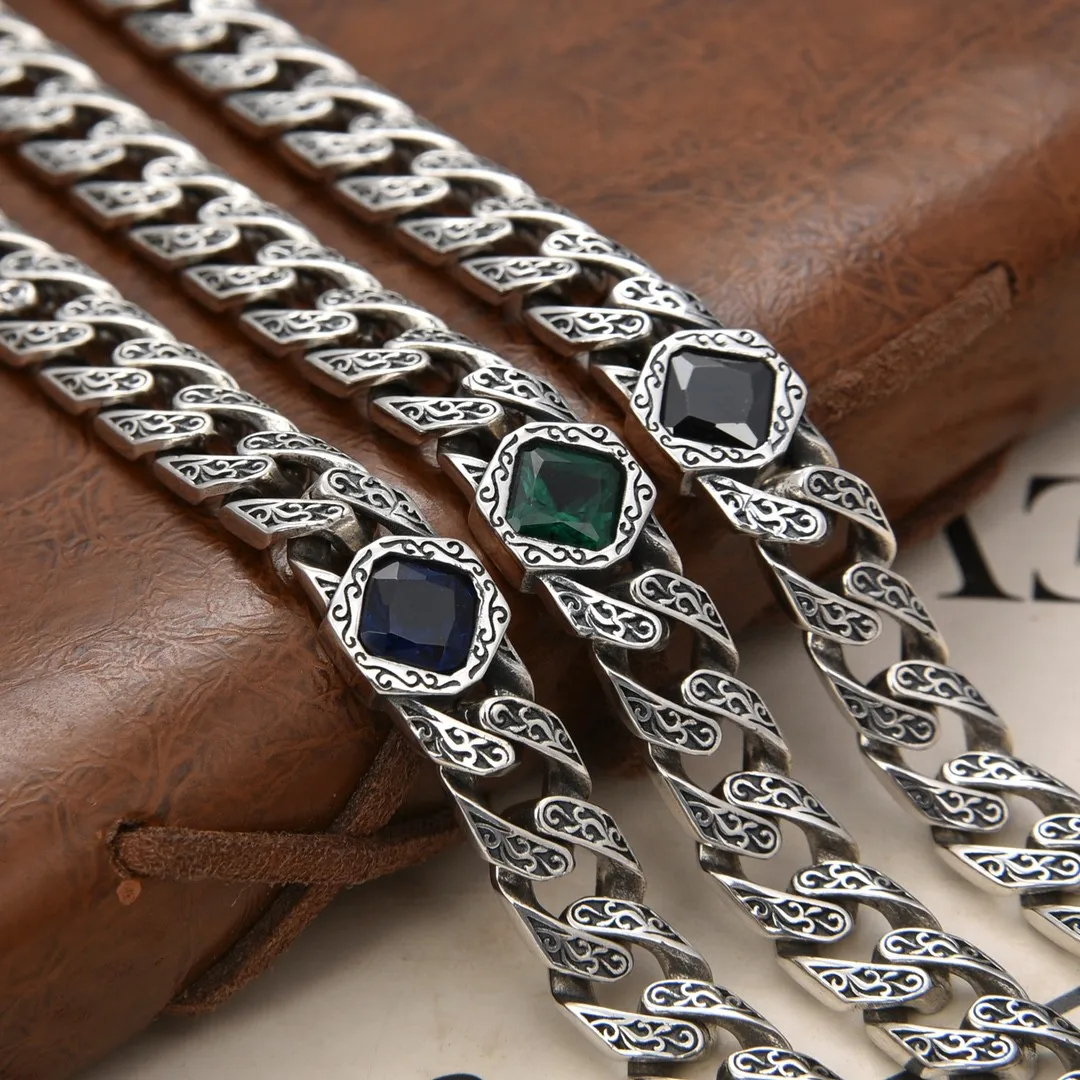 Punk style jewelry silver blue zircon European and American men's low calorie luxury Tang grass pattern bracelet