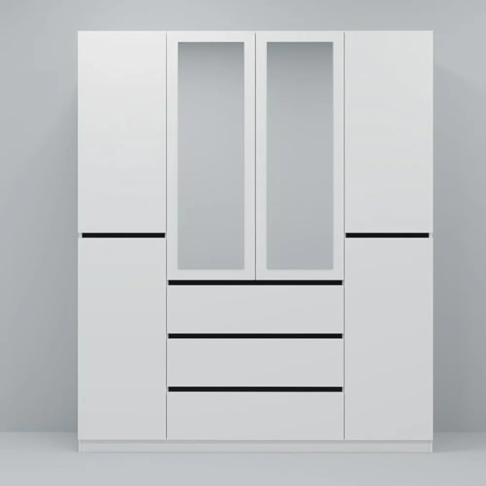 6 Doors Armoire Wardrobe Closet, Wardrobe Closet with 3 Drawers, Freestanding Wood Wardrobes with 5 Hanging Rod and 2 Mirrors