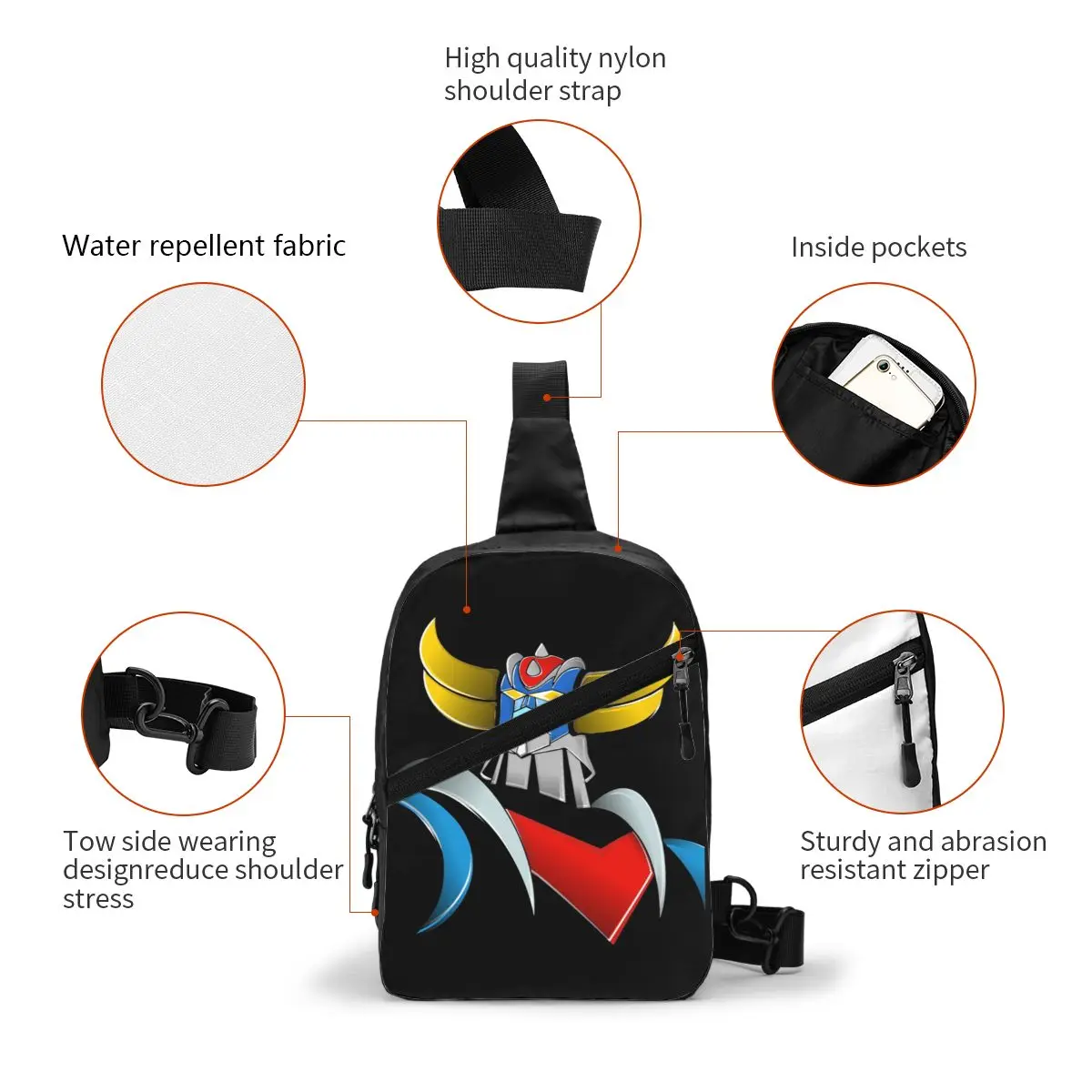Cool Goldorak Grendizer Sling Bag for Cycling Camping Men's Anime UFO Robot Goldrake Crossbody Chest Backpack Shoulder Daypack