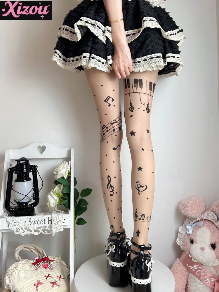 Japanese doll sweet music note stockings pantyhose female autumn thin black music note personality girl lolita stockings women