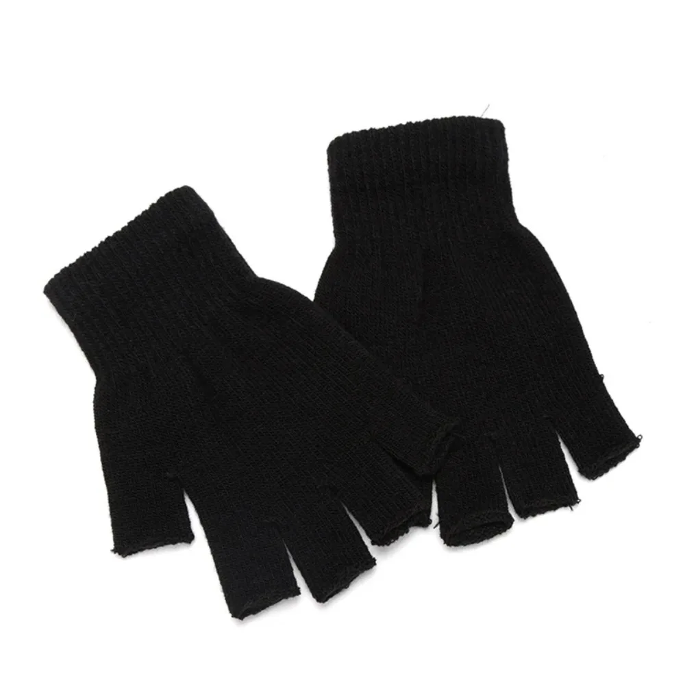 Black half finger no finger gloves suitable for both men and women, knitted wrist cotton, winter warm multi finger gloves