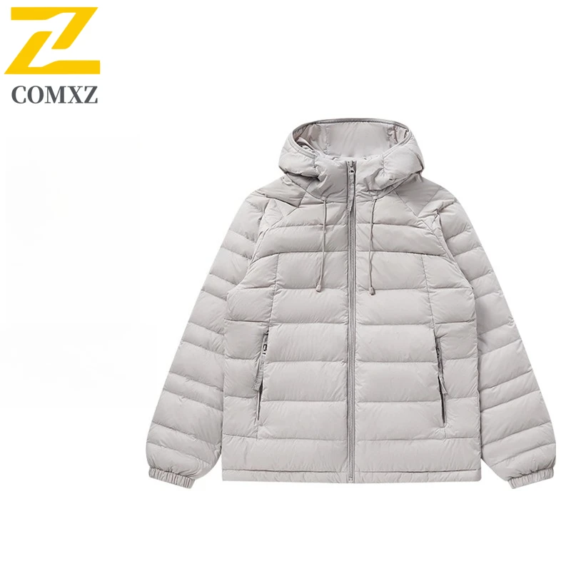 Men White Duck Down Lightweight Stand Collar Hooded Warm Winter Hiking Travel Winter Jacket Skiing Windproof Short Down Jacket
