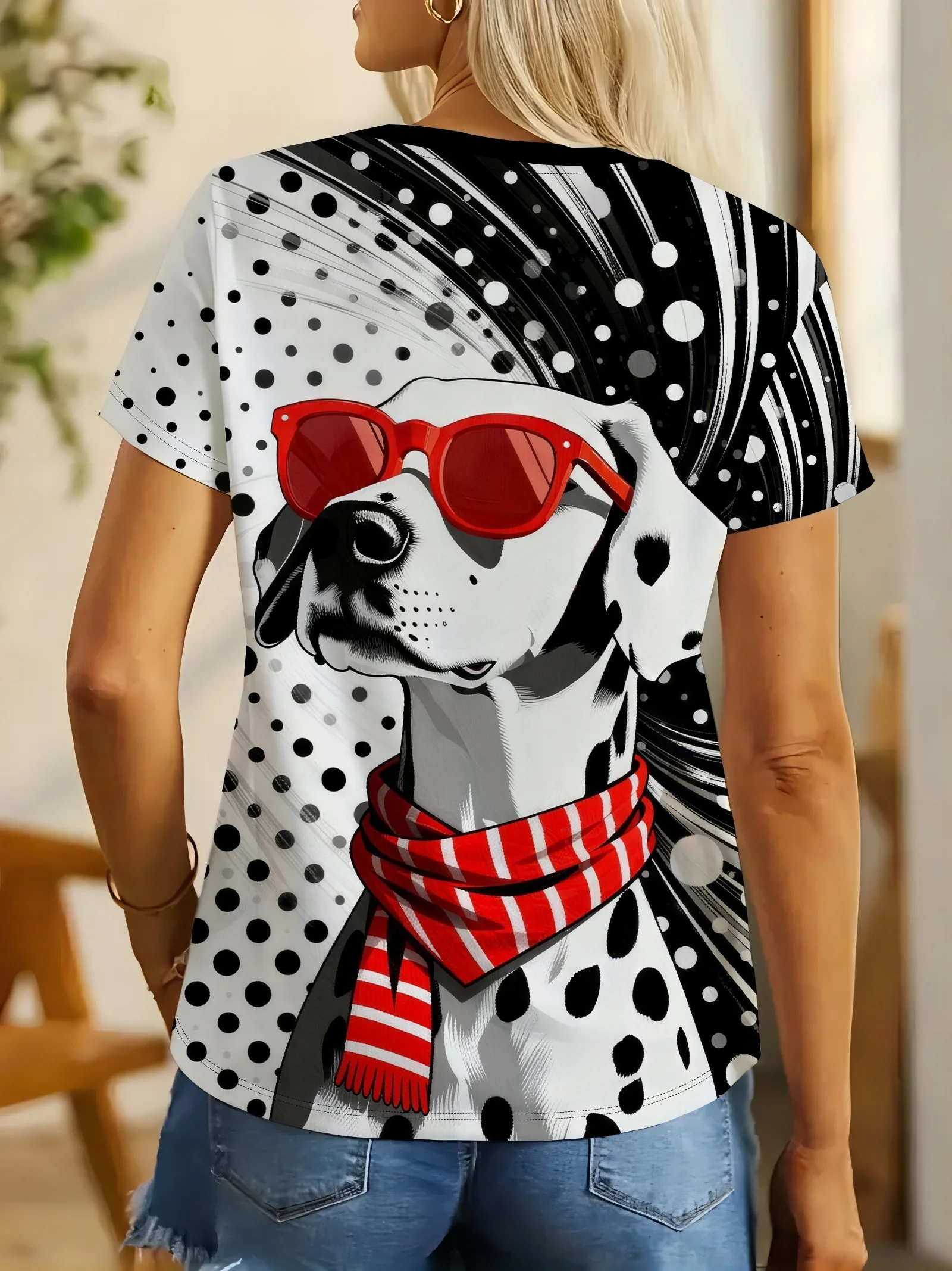Women Trendy Animal Print T‑Shirt Stylish Dalmatian Dog With Red Accessory Polka Dot Background Short Sleeve Crew Neck Daily Tee