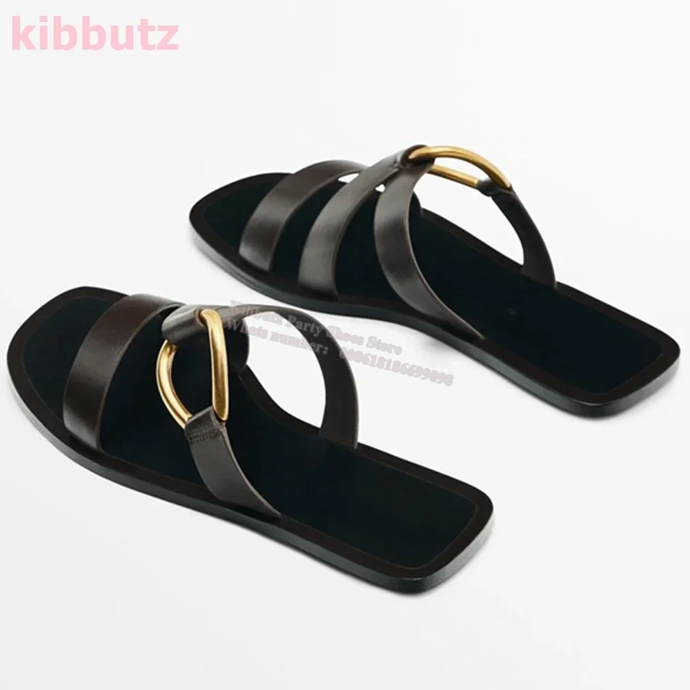 صنادل شبشب بحلقة معدنية من الجلد بمقدمة مستديرة مسطحة مع سهلة الارتداء بلون سادة أحذية نسائية أنيقة ومثيرة وموجزة جديدة