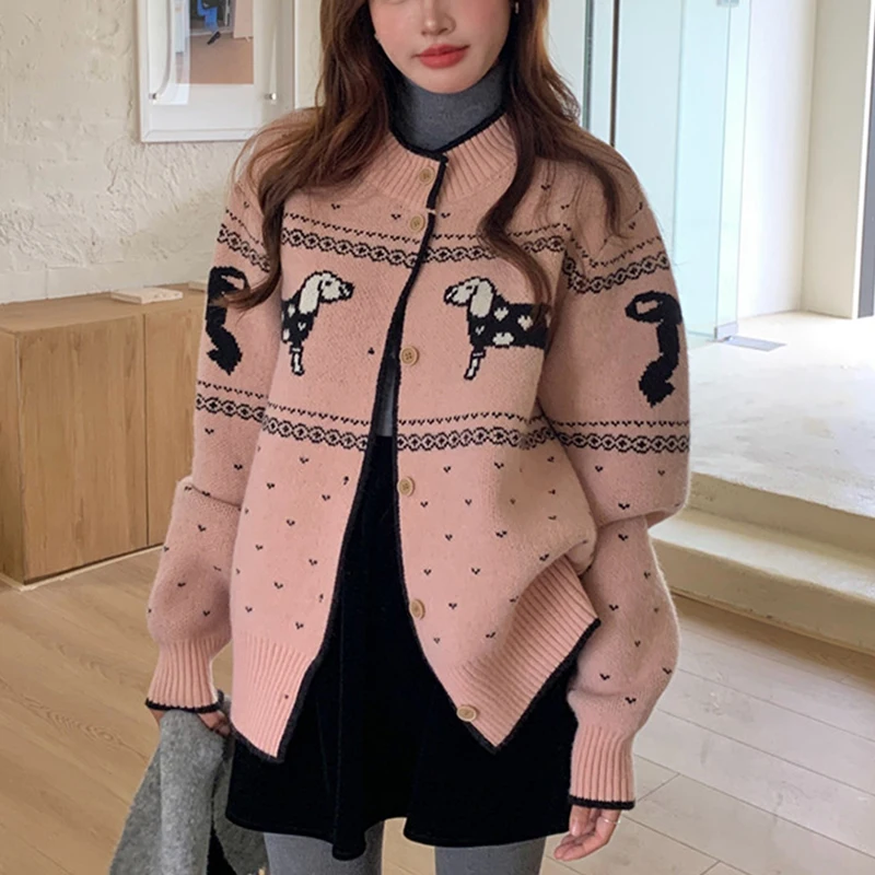 

Kawaii розовый вязаный кардиган женский Harajuku свитер с мультяшным принтом верхняя одежда зимние корейские трикотажные изделия милые джемперы с длинными рукавами
