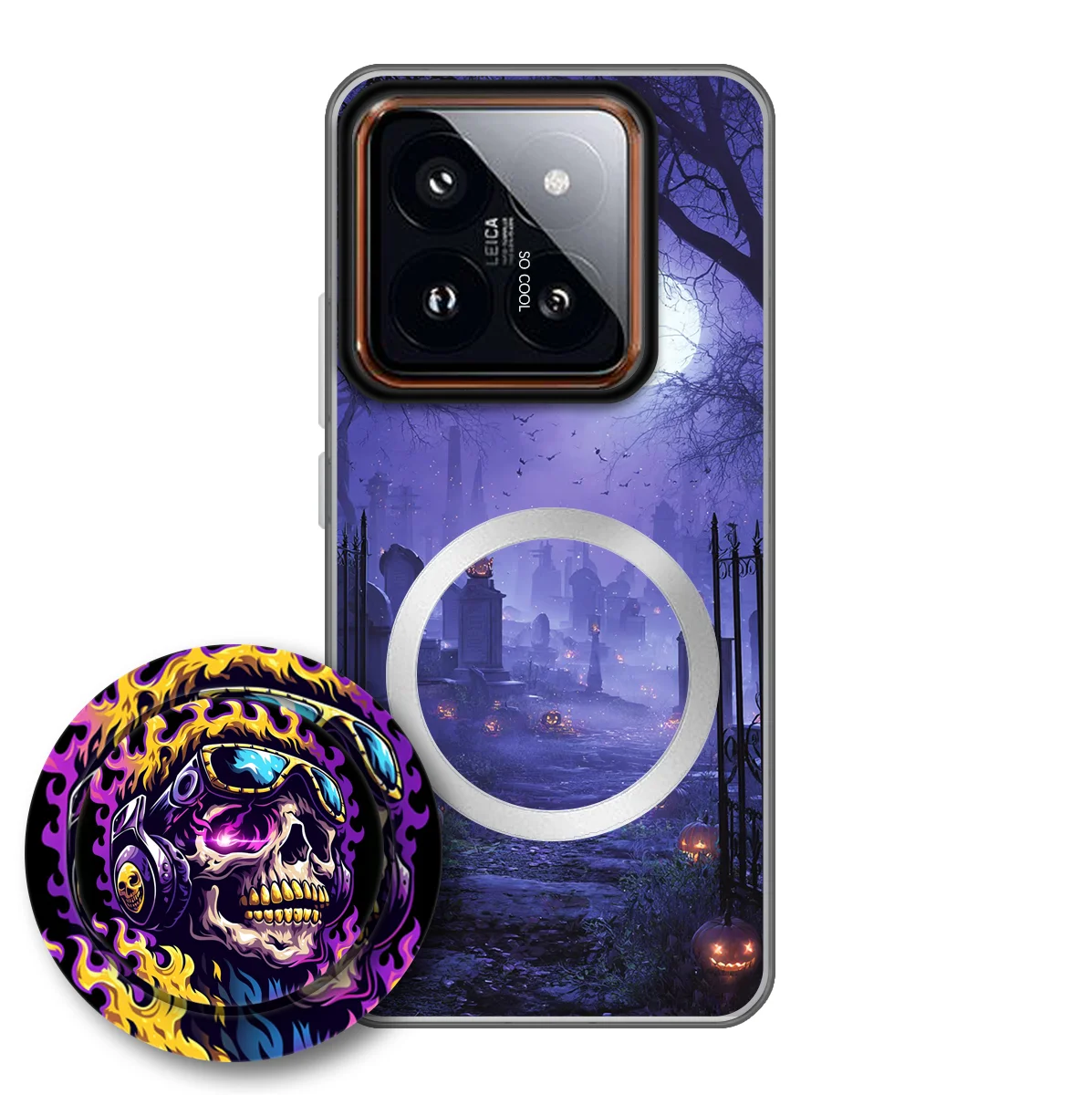 Halloween Ghost Pumpkin Print For Xiaomi Mi 14 Pro, Detachable Air‑Cushion Kickstand, Color Silver Plating Lens Shell