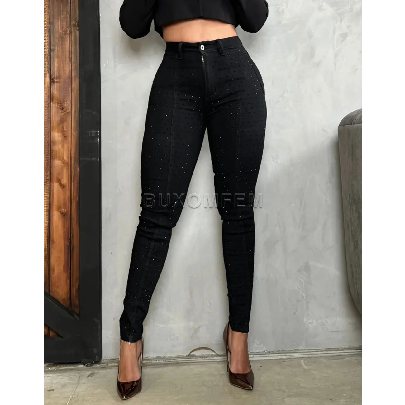 Große amerikanische Retro-Jeans mit Strasssteinen und geradem Bein, schmale Wickelhüften, Bleistifthose, dehnbare Hose mit hoher Taille, Outfit 2025