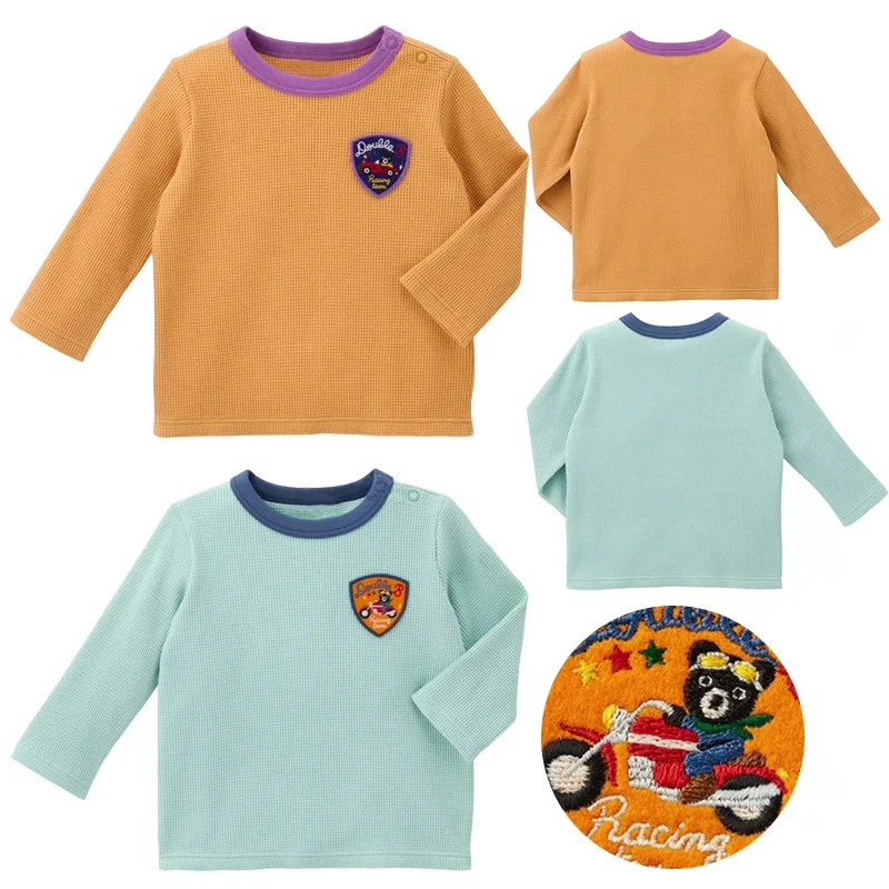 

Little Bear Long Sleeve Boys' Cartoon Solid Color Simple Black Bear Badge Embroidered T-Shirt Inner Wear