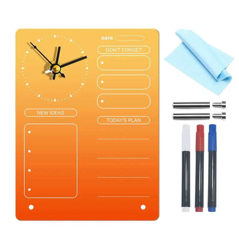 Desktop Note Board Acrylic Dry Erase Board Clock With Rag And 3 Different Color Pens Planner Notepad