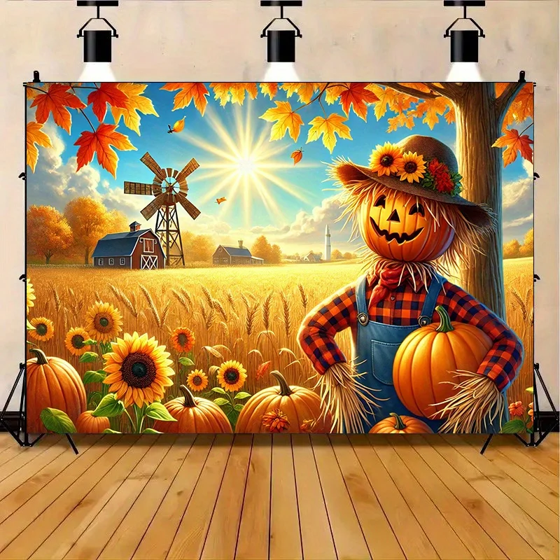 Toile de fond 2D, motif homme aigle énergique sur champ de riz en récolte d'automne, idéale pour les fêtes de famille