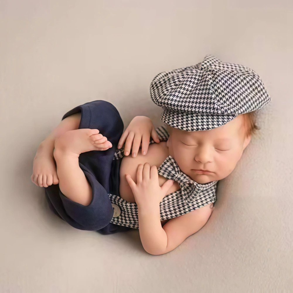 Newborn Baby Boy Photography Outfit Vintage Gentleman Houndstooth Suspender Pants Newsboy Cap Baby Photoshoot Clothes 0-3M