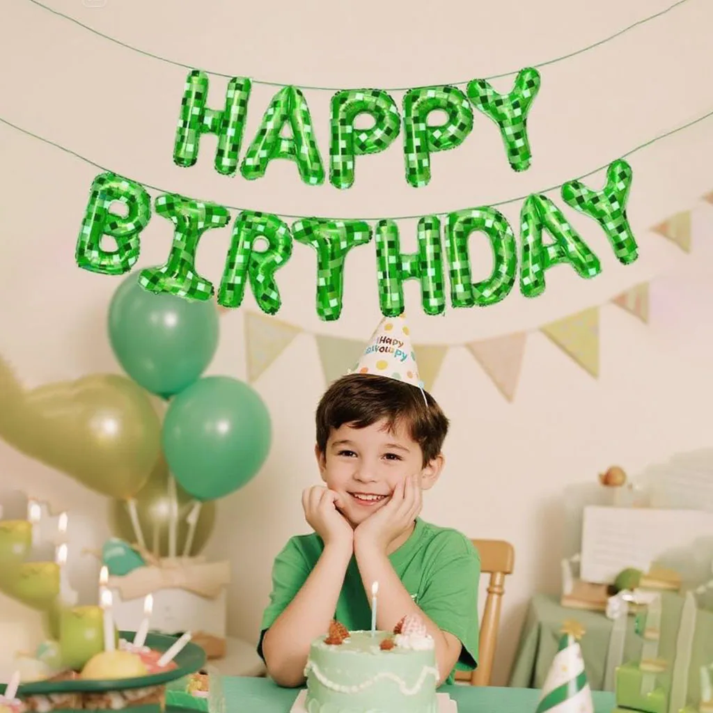 

Green Pixel Themed Happy Birthday Banner Party Decorations Pixel Balloons Backdrop Party Supplies for Boys Kids Celebrations