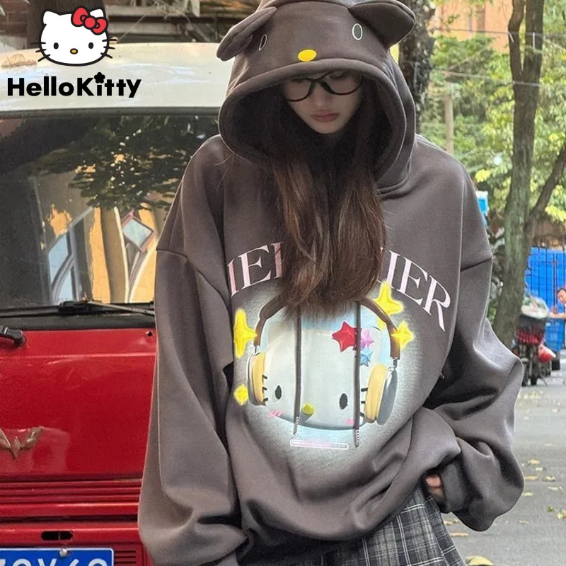 Sanrio Hello Kitty New Korean Style Clothes Women Fashion Top Shirt Hooded Y2k Cartoon Aesthetic Black Pullover Cute Sweatshirt