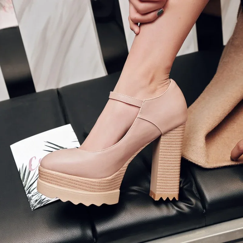 Spring and Autumn New style fashion Round head high-heeled Women\'s Shoes Shallow mouth Buckle Thick heel Women Shoes size 34-42