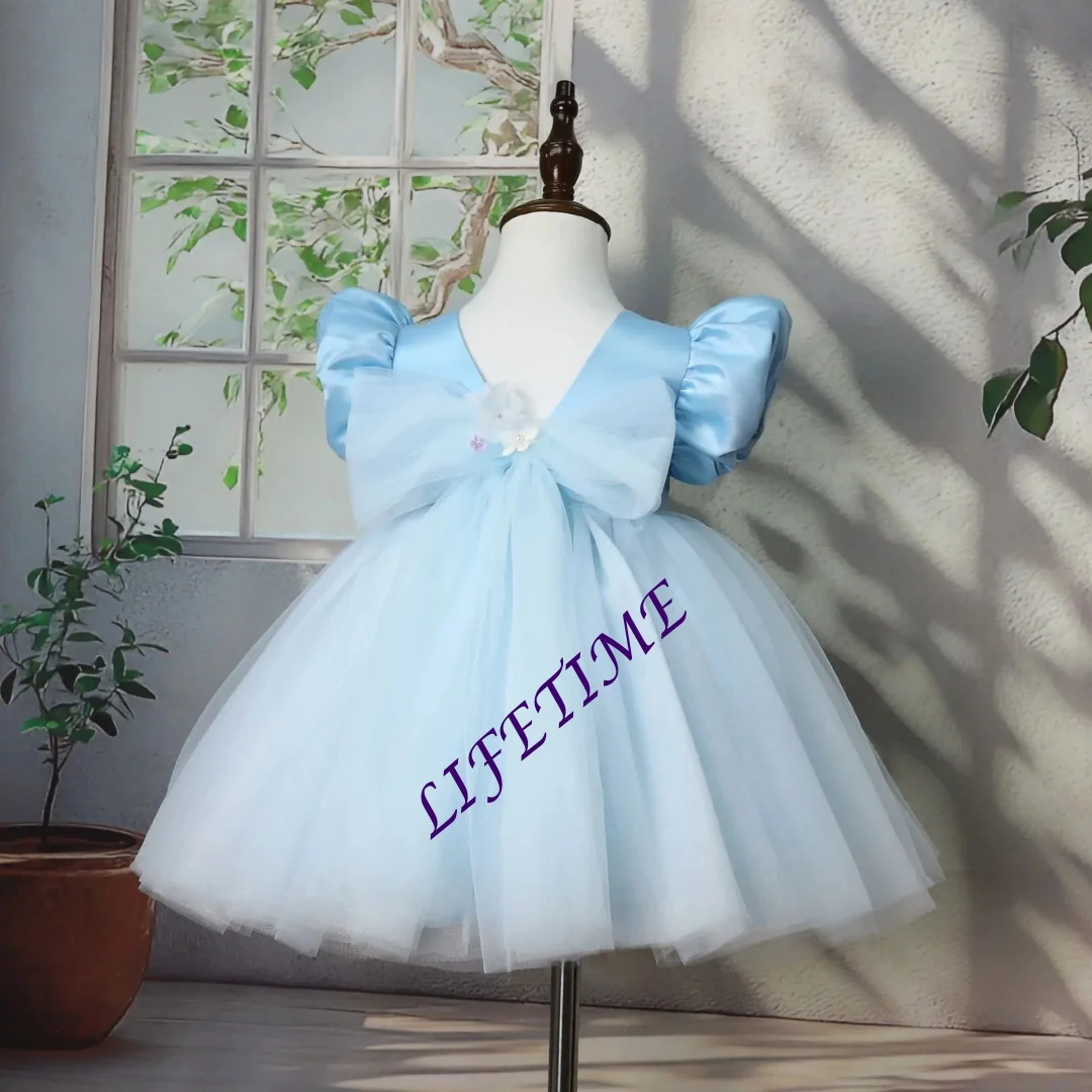Princess Blue Satin Dress with Bubble Sleeves for Kids Baby First Birthday Puffy Gown Formal Customized Performance Dress