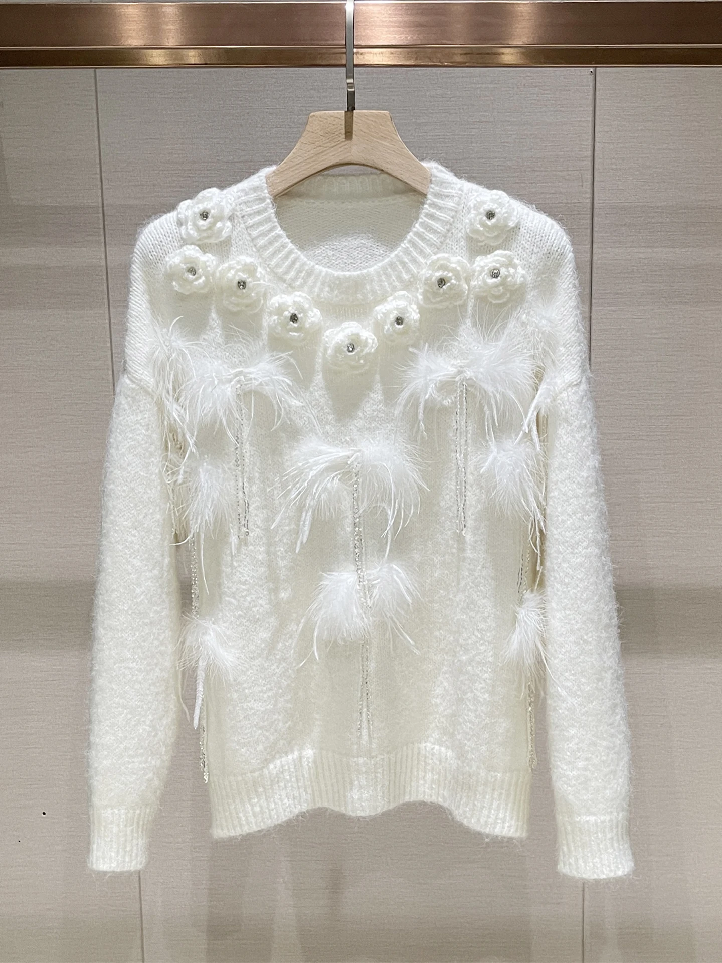 Lace Splicing Knitted Sweater Women's Casual Sle Long Sve round Ne Feather Flower Patterned White Overhead Knitwear
