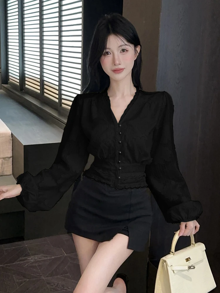 الخريف الدانتيل والتطريز الأزهار الخامس الرقبة بلوزة شيفون الأبيض المتخصصة مرونة الخصر نفخة الأكمام بلايز المرأة أنيقة الأسود مكتب العمل #2