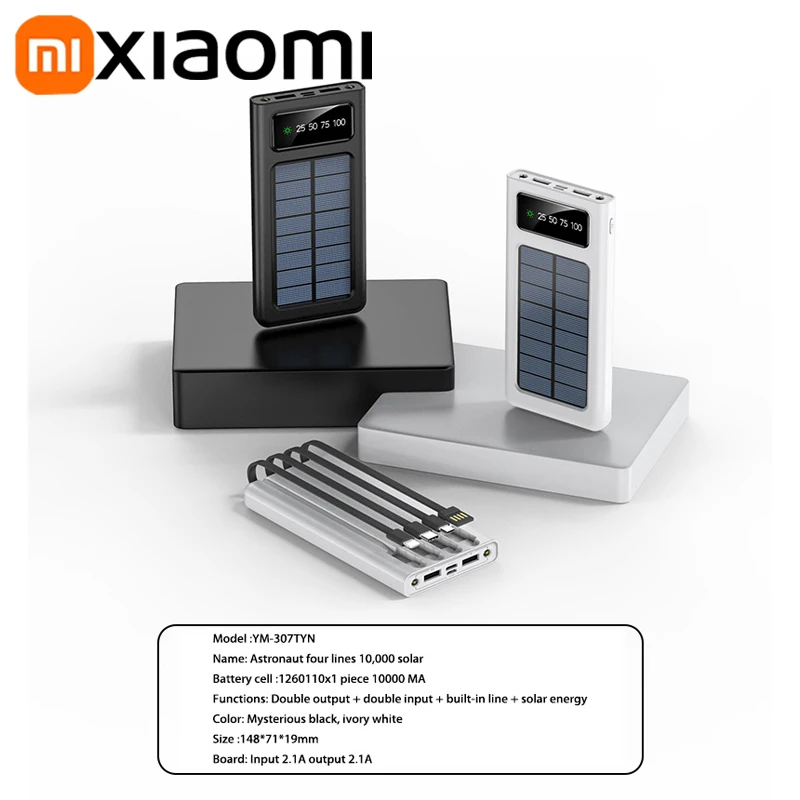 Xiaomi Solar Power Bank 200000 mAh Mobilna bateria o dużej pojemności do szybkiego ładowania z podwójnymi kablami USB 4 do iPhone'a Samsunga