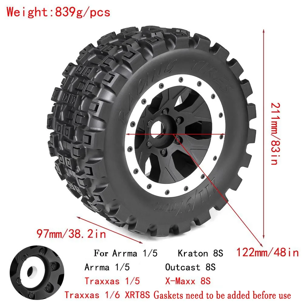 1 Set 211mm 1/5 buggy Tire Tyre with 24mm Wheel Hex for Arrma 1/5 Kartun 8S Outcast 8S for Traxxas 1/5 X-MAXX RC Car