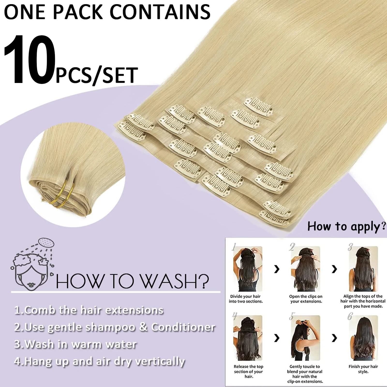 Blonde nahtlose Haarverlängerungen 10 Stück/Packung 140 g in Haarverlängerungen und Clip-on-Pony 613 Blonde Clip-Ins gerade voller Kopf