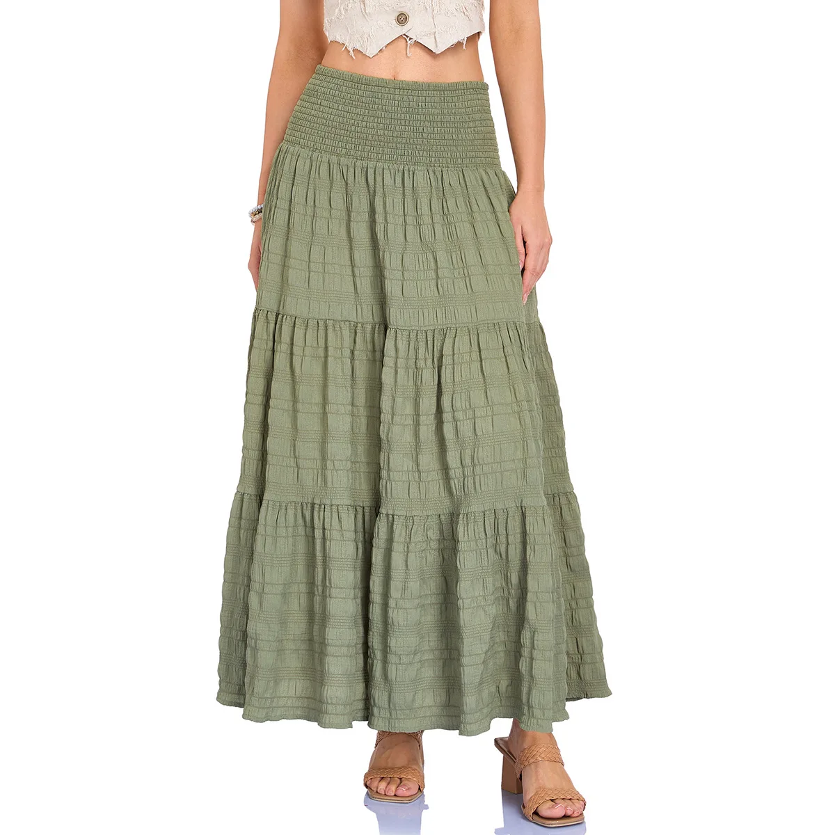 Women's High Waist Elastic Skirt Three Pockets Long H-Shape PVC Fabric Travel Friendly Skirt with Embroidery for Couples