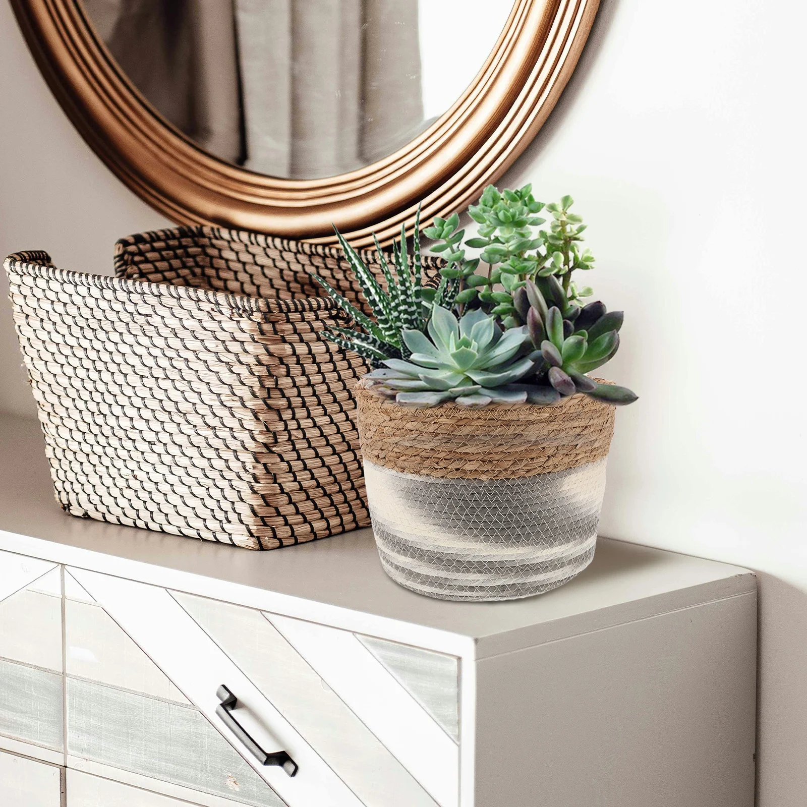 

Seagrass Planter Basket Deep Green Large Size Handwoven Woven Flower Pot Indoor Plant Container Storage Basket for Blankets