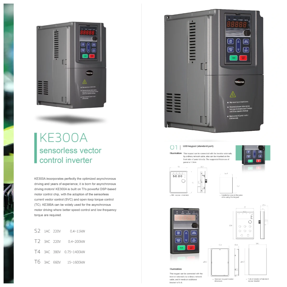 MICNO KE300A Series ISO/CE Certified 1.5KW 2HP Three-Phase 380V IP20 Open-Loop Control VFD Competitive Price