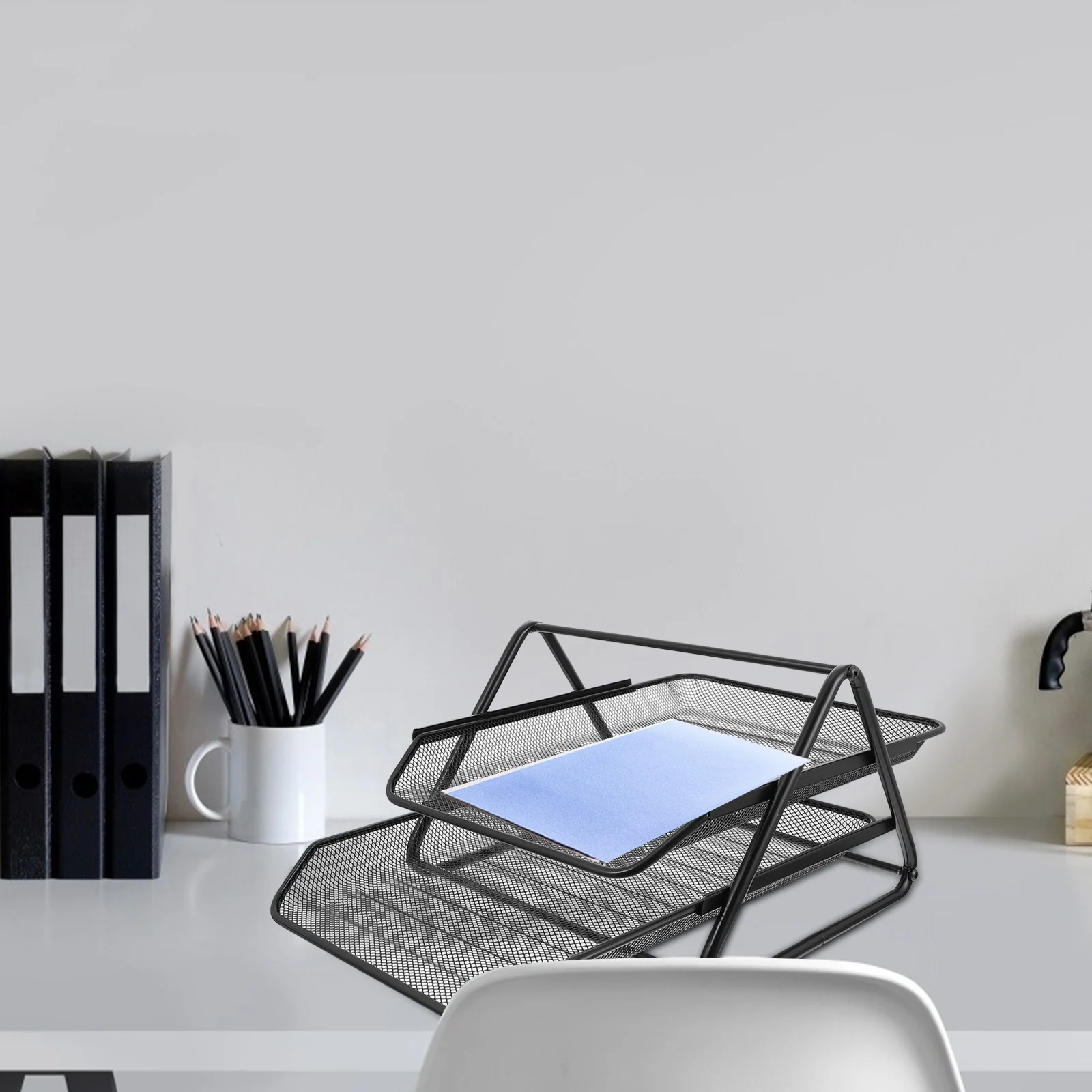 

1Pcs Office File Organizer Desktop Storage Holder Black 2-Tier Stackable Rack Iron Material Cost-Effective