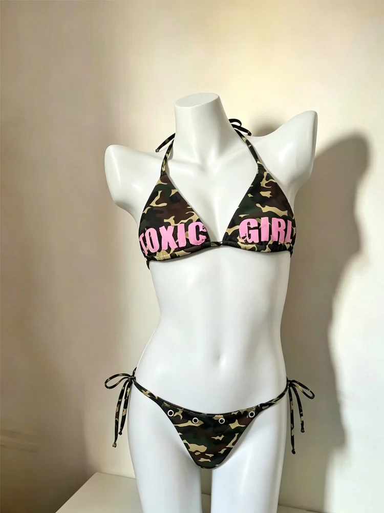 

Gothic Y2K camouflage letter printed bikini suspender strap sexy hot girl two-piece swimsuit women's beachwear