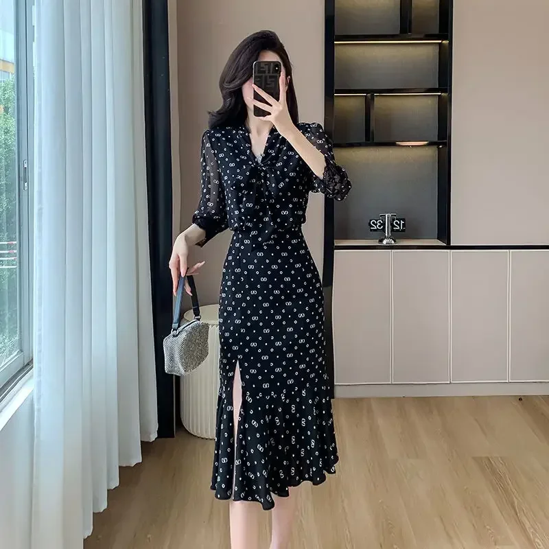 Koreanische Art Mode V-Ausschnitt abnehmen Frauen langen Rock gedruckt Chiffon Kleider neue Sommer Temperament lang ärmel igen Fischschwanz Kleid