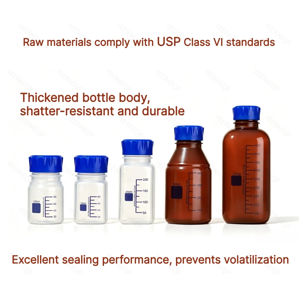 Transparent Brown Plastic Reagent Bottle with Blue Cap Graduated Polypropylene Round Bottle Handheld PP Reagent Bottle Screw Lid