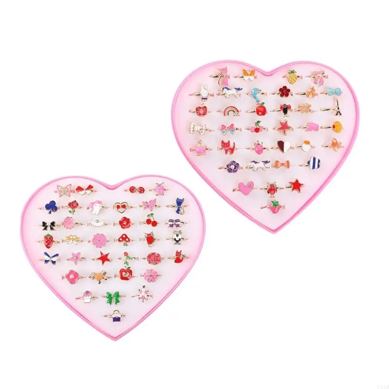 F2TD 36pcs Kids Adjustable Rings Collection Soft Comfortable Alloy Finger Rings Elegant Little Girls Dress Up Accessories