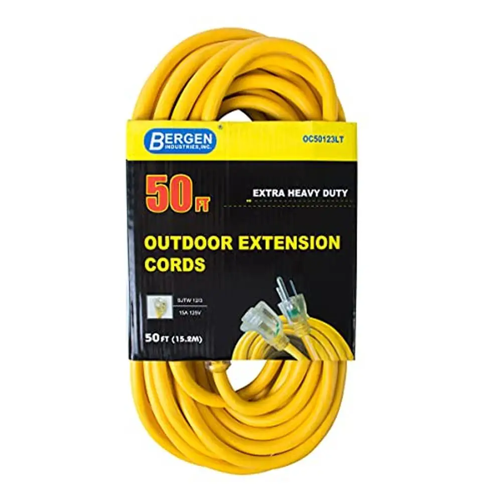 50ft 12 AWG Extra Heavy-Duty Outdoor Extension Cord 15A/125V AC Single Receptacle Indicator Light Yellow Weather Resistant