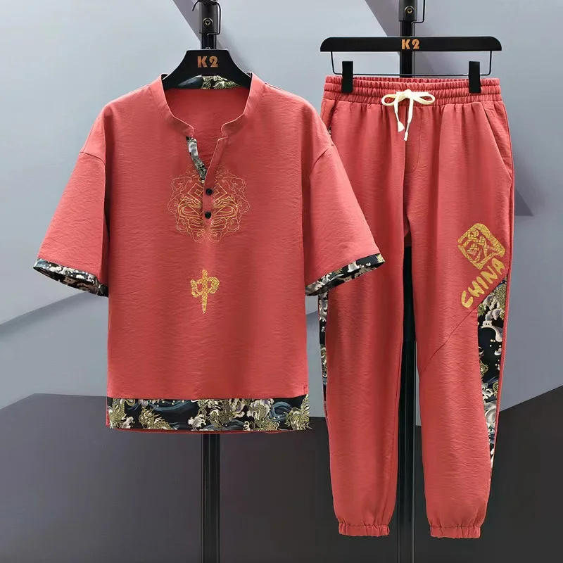 2024 Summer New Men\'s Chinese Tangzhuang Ice Silk Cool Loose Set Short sleeve Long Pants Casual Ethnic Style Two Piece Set