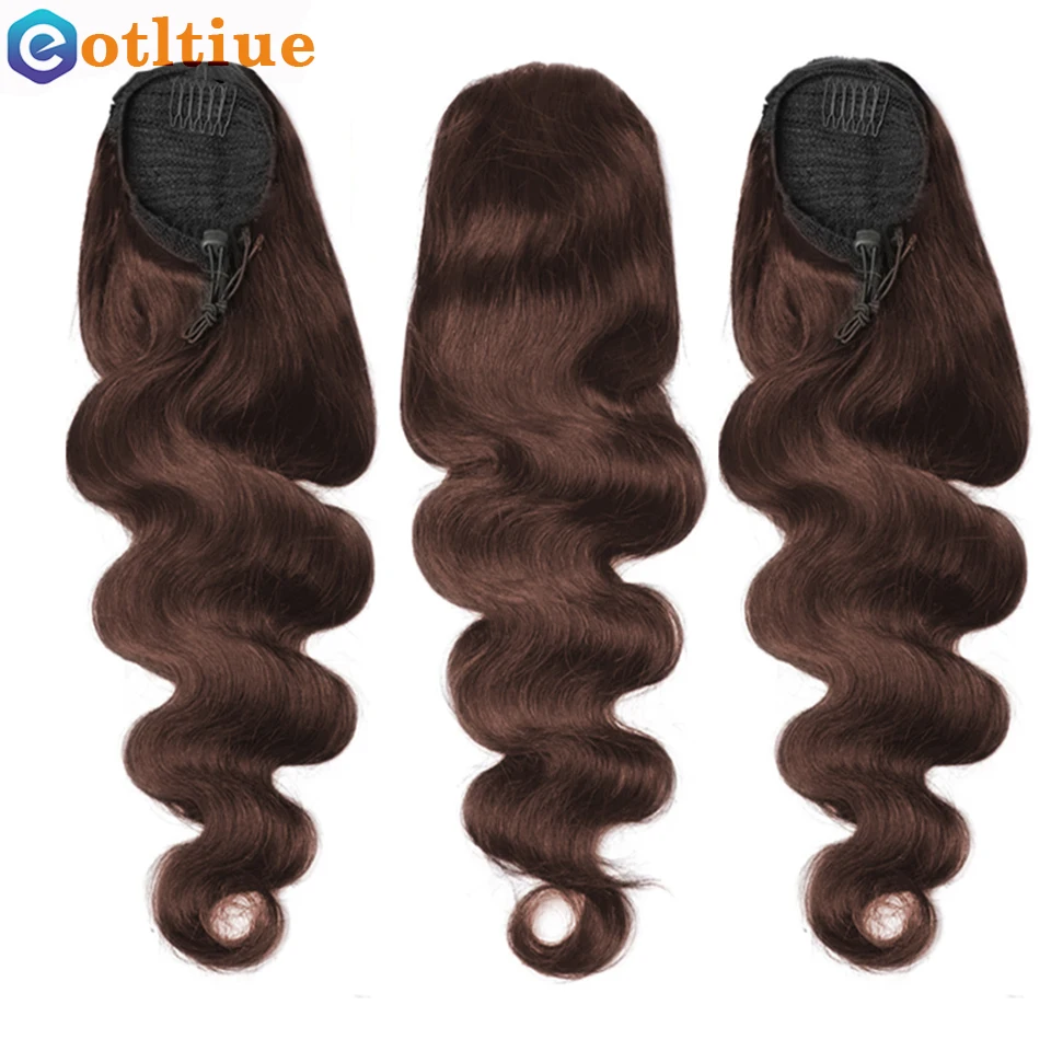 #4 Chocolate Dark Brown Colored Brazilian Remy Hair Body Wave Ponytail Hair Drawstring Clip In Human Hair Extension Pony Tail