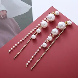 Fashion Crystal Imitation Pearl Drop Earrings for Women Wedding Party Long Tassel Dangle Earrings Elegant Statement Jewelry Gift