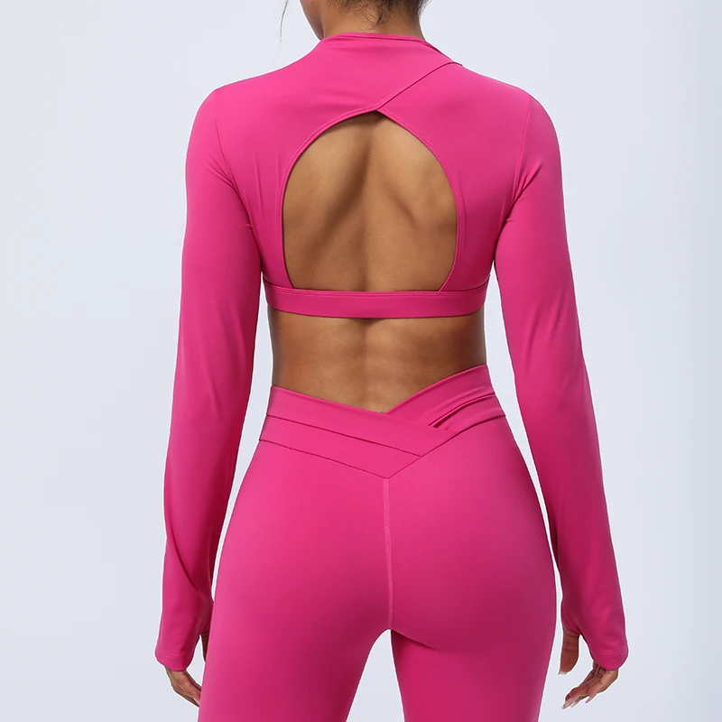 Women's Padded Yoga Shirt Long Sleeve Tops Open Back Workout Gym Crop Top Fitness Sportswear Running T-shirts with Thumb Hole