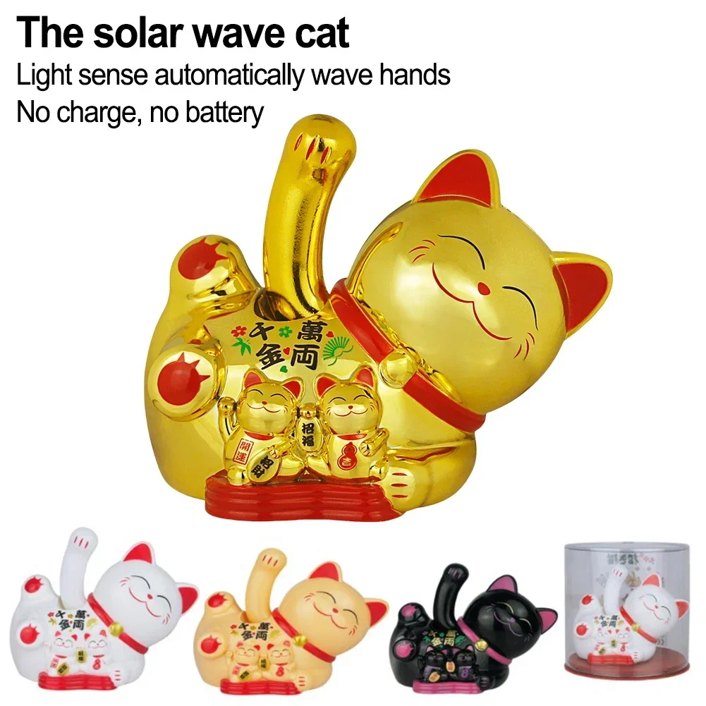 Solar Powered Maneki Neko Lucky Cat Welcoming Chinese Lucky Cat Waving Hand Beckoning Fortune Cat Figurines For Home-Decor