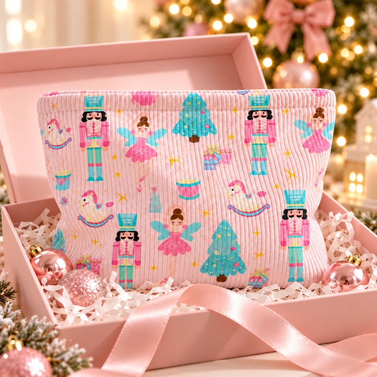 Christmas Makeup Bag Cute Nutcracker Corduroy Cosmetic Pouch Large Capacity Travel Toiletry Bag Women Storage Bag Gift Organizer
