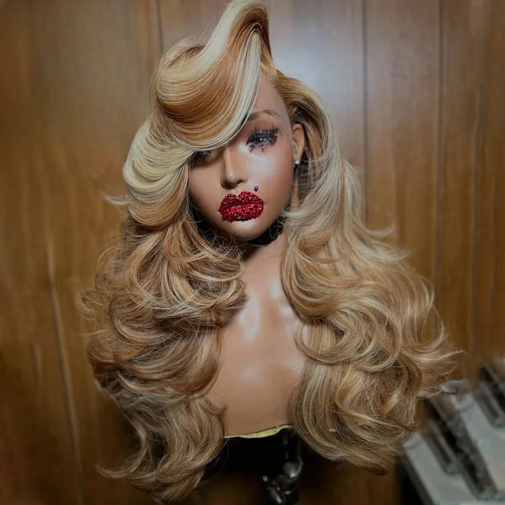 

Brown And 613 Blonde Highlight Body Wave Lace Front Wig 13X4 HD PrePlucked Heat Resistant Glueless Synthetic Cosplay For Women