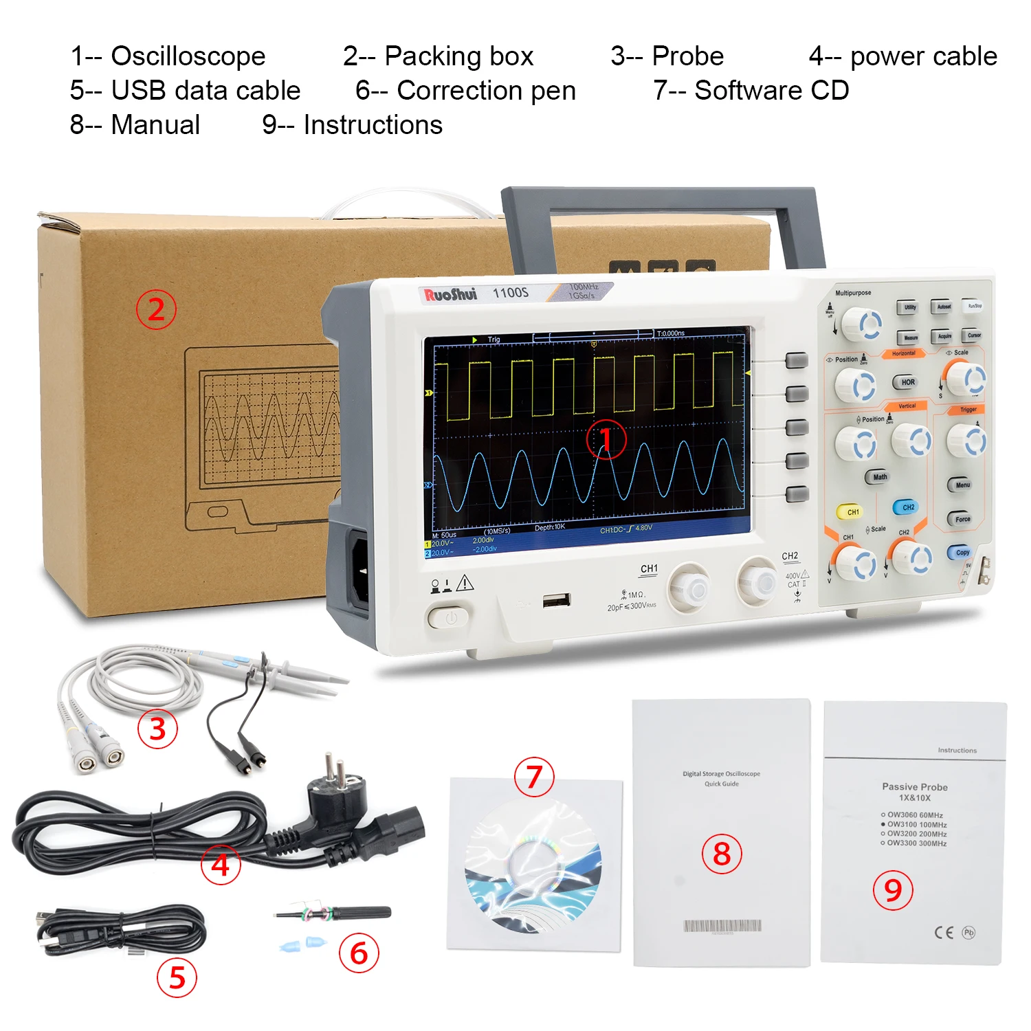 Ruoshui osciloscópio digital de 100mhz, osciloscópio com 2 canais 1gsa/s tft lcd de 7 polegadas, alta precisão, usb original, armazenamento de largura de banda total