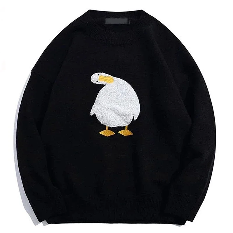 Men Harajuku Sweater Cartoon Duck Goose Embroidery Knitted Pullover Japanese College Style O-Neck Jumper Unisex Spring Autunm