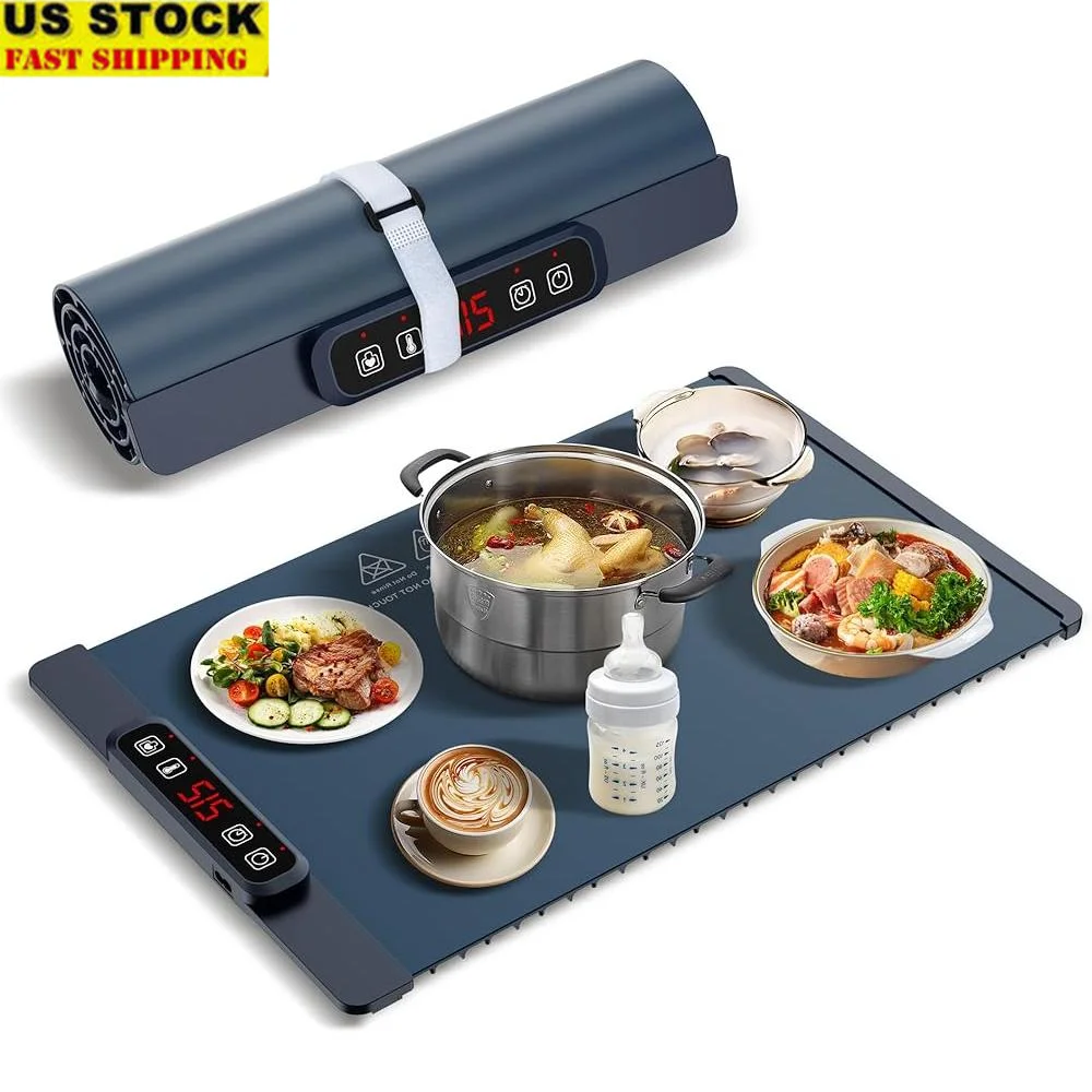 

Electric Food Warmer Mat Portable Silicone Warming Tray 4 Temperature Settings Timer Easy to Clean Kitchen Cooking Helper