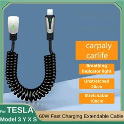 PD 60W For Tesla CarPlay USB C to Type C Super Fast Charging Cable For iPhone 15 Pro Max Samsung Model Y 3 X S Car Accessories