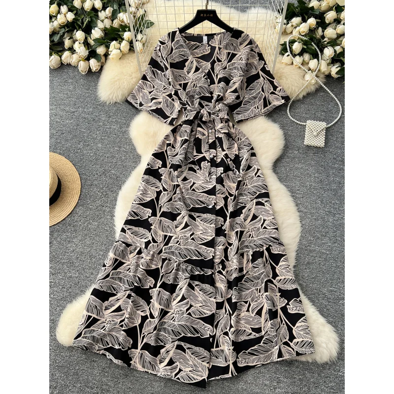Boho women summer floral print v neck slim bandage long dress casual party high waist INS elegant beach holiday tunic dress