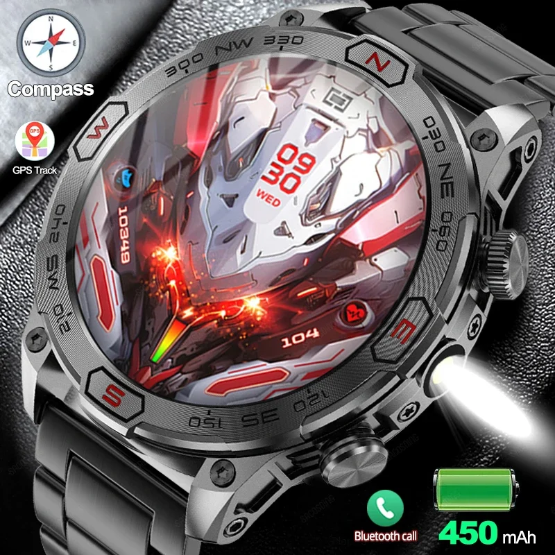 

Flashlight Smart Watch Outdoor Sport Compass 1ATM Waterproof Watch Men HD Bluetooth Call Smartwatch GPS Track Clock For Android