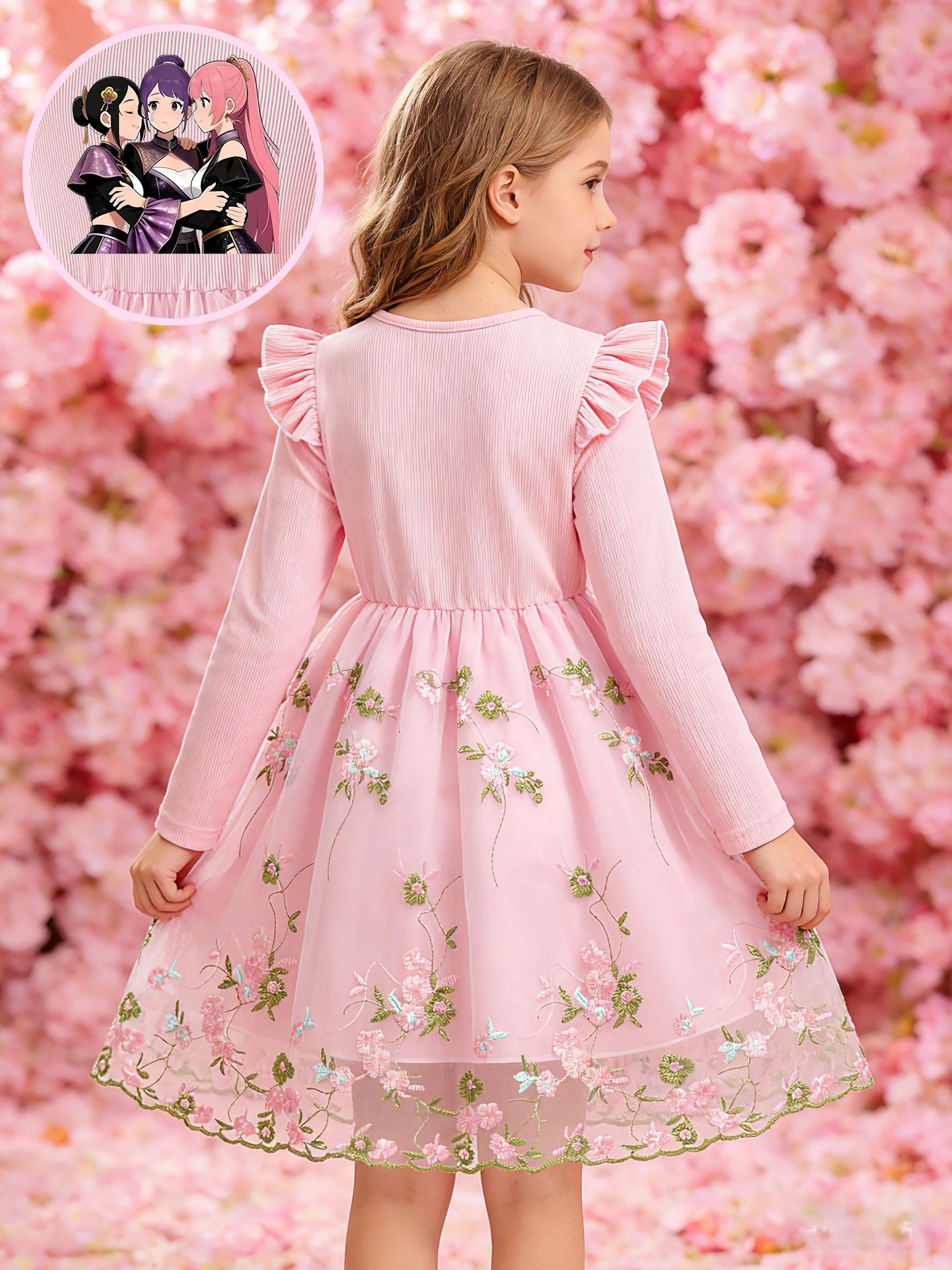 Sweet Princess Dress for Girls, Anime Girl Print + Cherry Blossom Embroidery Tulle Skirt, Autumn Kids Clothing